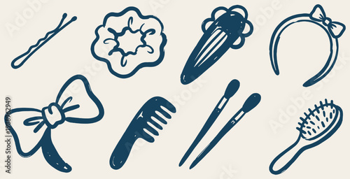 Collection of hand-drawn hair accessories and beauty tools, including a bobby pin, scrunchie, barrette, headband, bow, comb, brushes, and hairbrush.