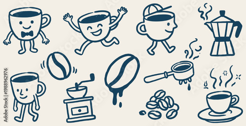 Collection of cute hand-drawn coffee cups and beans with various activities and coffee-making equipment.