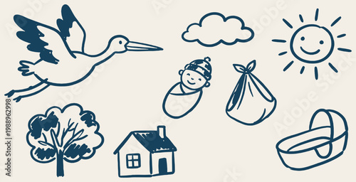 Hand-drawn stork delivering a baby, symbolizing new life, family, and the beginning of a journey.