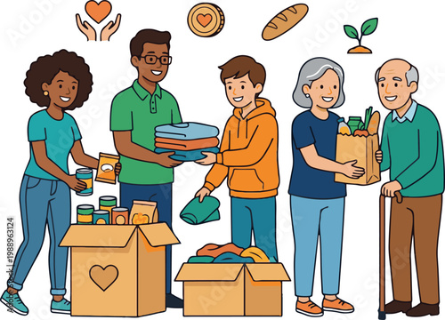 Illustration of diverse volunteers donating food, clothing, and essentials, working together in a community charity setting with boxes of supplies.