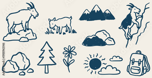 Collection of hand-drawn illustrations depicting mountain goats, trees, flowers, sun, clouds, rocks, and a backpack.