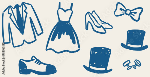 A collection of hand-drawn illustrations of formal wear and accessories for a wedding or special event.