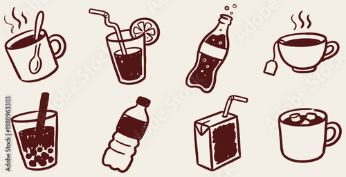 Collection of hand-drawn beverage icons including coffee, tea, soda, and water bottles.