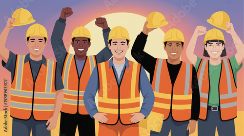 Construction workers, laborers, engineers, safety vests, hard hats, diverse team