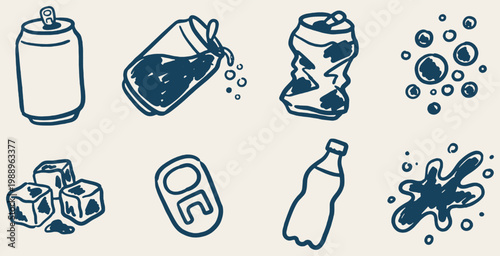 Collection of hand-drawn icons representing soda cans, bottles, ice cubes, and splashes.