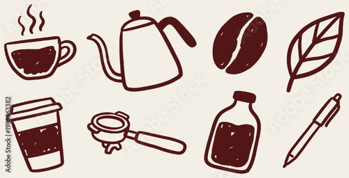 Hand-drawn coffee icons including a steaming cup, kettle, bean, leaf, takeaway cup, portafilter, bottle, and pen.