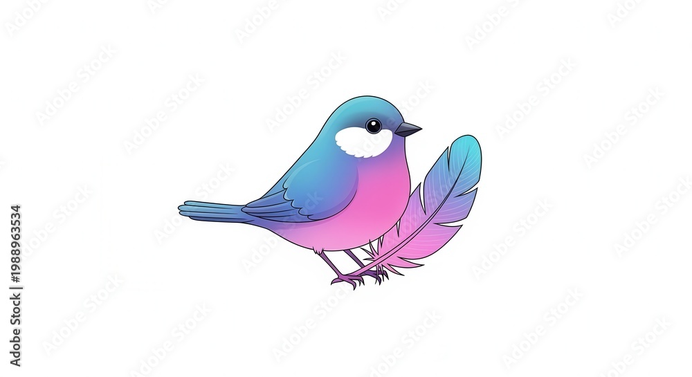 Fototapeta premium A charming cartoon bird with vibrant blue and pink plumage resting next to a gradient feather design