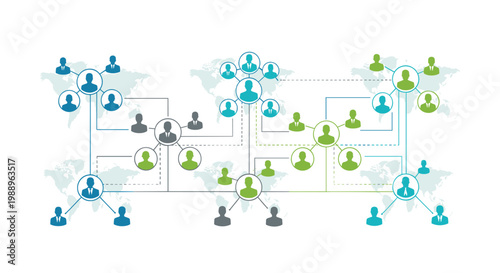 A sophisticated organizational chart displays interconnected human icons across a faint world map background using a professional palette of blue and green tones.