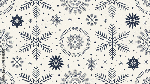 A seamless pattern of snowflakes and dots in a minimalist design