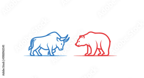 A minimalist line art illustration features a blue bull facing a red bear on a clean white background depicting the dynamics of financial markets.