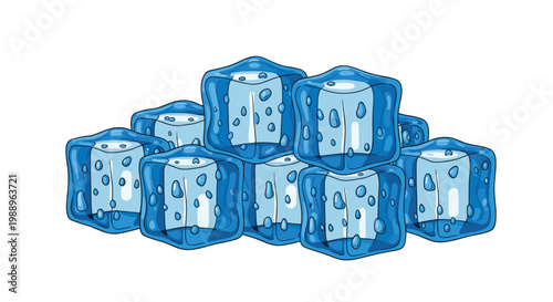 A cluster of translucent blue ice cubes featuring internal air bubbles and melting water droplets rests together in a cool and refreshing composition.