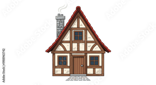 A charming traditional European half-timbered house displays dark brown wooden beams and a steep red tiled roof with a smoking grey stone chimney on white.