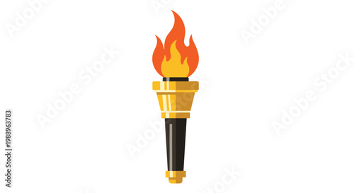 A majestic golden ceremonial torch with a sleek black handle supports a vibrant orange and yellow flickering flame against a clean and bright background.