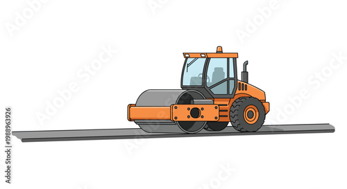 A meticulous orange heavy-duty road roller machine stands stationary on a smooth grey asphalt strip against a clean white background in bright daylight.