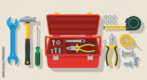 Red toolbox with assorted tools inside.