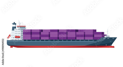 Massive industrial container ship with a dark blue hull and red waterline carries numerous purple cargo crates across a pristine white background setting.