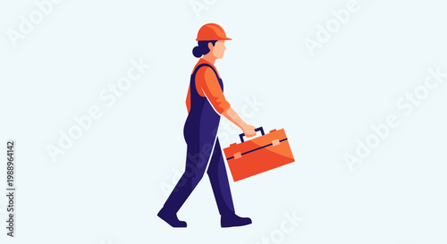 Woman in overalls carrying toolbox.