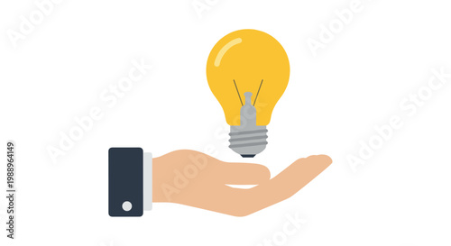 Elegant human hand wearing a dark professional suit sleeve supports a glowing yellow light bulb with intricate filaments against a clean white background.