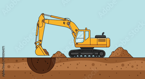 Yellow excavator digging into ground.