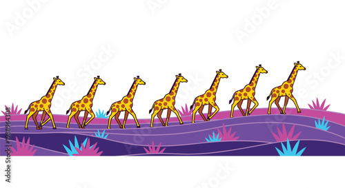 Seven spotted yellow giraffes walk in a rhythmic line across a vibrant purple and pink undulating landscape decorated with stylized blue and magenta desert plants.