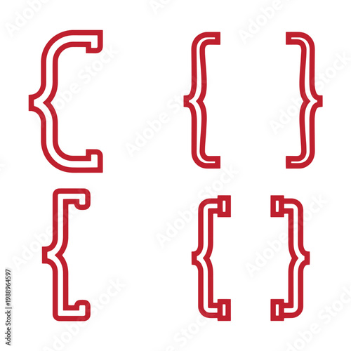 Red bracket symbols on white background, curly braces and square brackets