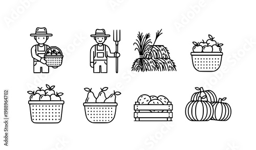 A set of black and white line art illustrations depicting farming and harvest icons