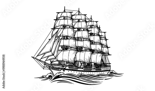 A black and white vector illustration of a sailing ship on the ocean