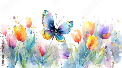 watercolor botanical butterfly and flowers texture template background.Elegant wedding invitation card background . Minimal hand painted Design for wedding or Valentine's Day