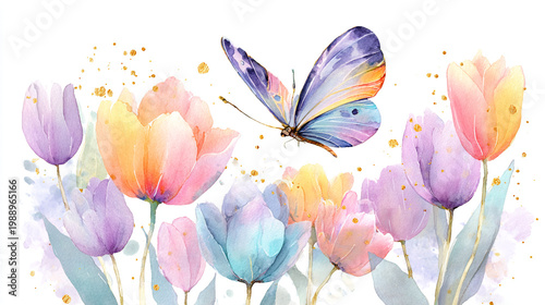 watercolor botanical butterfly and flowers texture template background.Elegant wedding invitation card background . Minimal hand painted Design for wedding or Valentine's Day