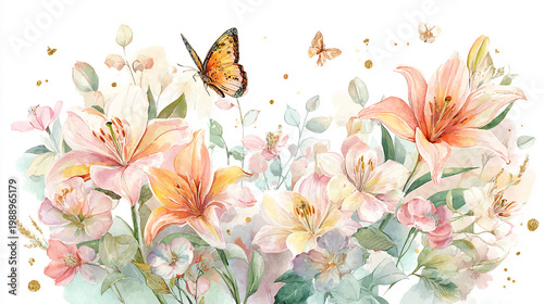 watercolor botanical butterfly and flowers texture template background.Elegant wedding invitation card background . Minimal hand painted Design for wedding or Valentine's Day