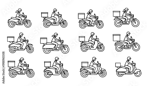 A set of minimalist line art illustrations of delivery riders on motorcycles