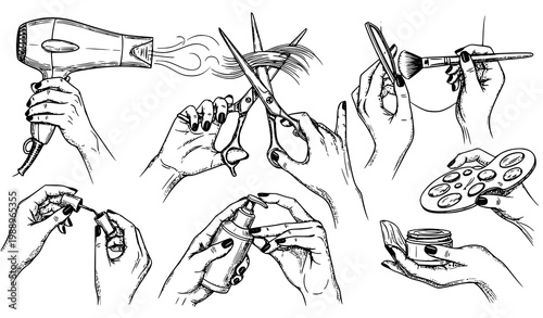 A black and white vector graphic illustration of various beauty tools and hands performing different tasks