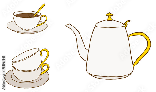 Classic White Enamel Teapot and Cup of Coffee Illustration.