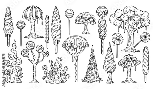 A black and white illustration of various candy trees and lollipops