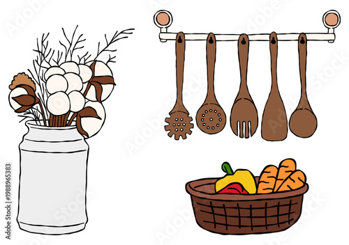 Hand-drawn Wooden Spoons set with kitchen utensils illustration.
