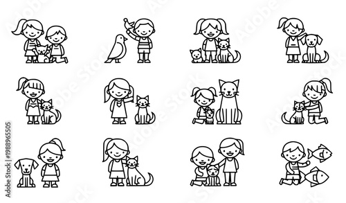 A set of cute cartoon illustrations of children with pets and animals