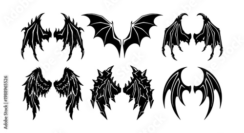 Gothic demon wings set, black dragon wing silhouettes, 6 vector devil wing icons