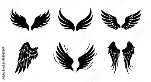 Black wing silhouettes, 6 bird wing icons, angel and eagle feather vector set