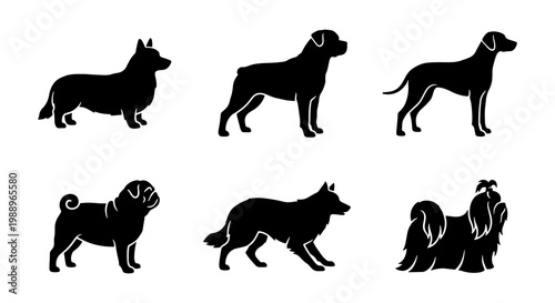 Dog breed silhouette collection, 6 pet animal icons, black canine vector set