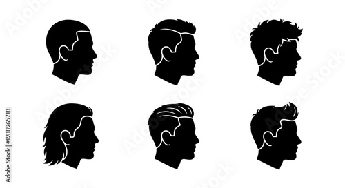 Male hairstyle silhouette icons, 6 men haircut profile set, barber shop vector graphics