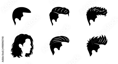 Male hairstyle silhouette icons, 6 men hair vector set, barber shop grooming graphics