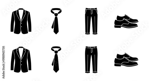 Formal business suit icons, black male clothing set, professional attire vector elements