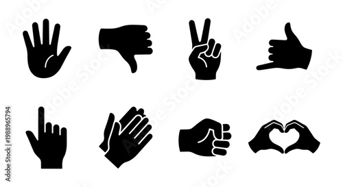 Black hand gestures icon set, 8 human hand silhouettes, finger sign vector collection
