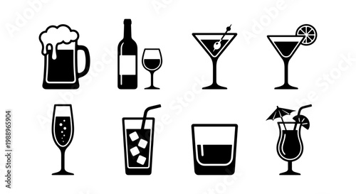 Alcoholic drink icons set, black beverage silhouettes, 8 cocktail and beer vector signs