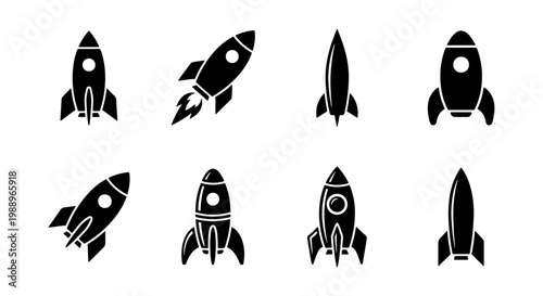Rocket ship icon set, 8 black spaceship silhouettes, startup launch vector graphics