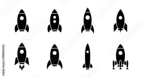 Rocket ship icon set, black spaceship silhouettes, 8 startup launch vector symbols