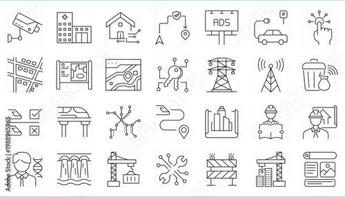 Urban Innovation related editable stroke line icons set.