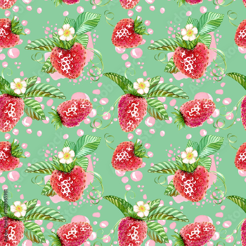 Seamless pattern with strawberries, green leaves, a small white flower, tendrils, and splashes of sweet strawberry juice. Watercolor illustration. Endless pattern for fabric, romantic wrapping paper