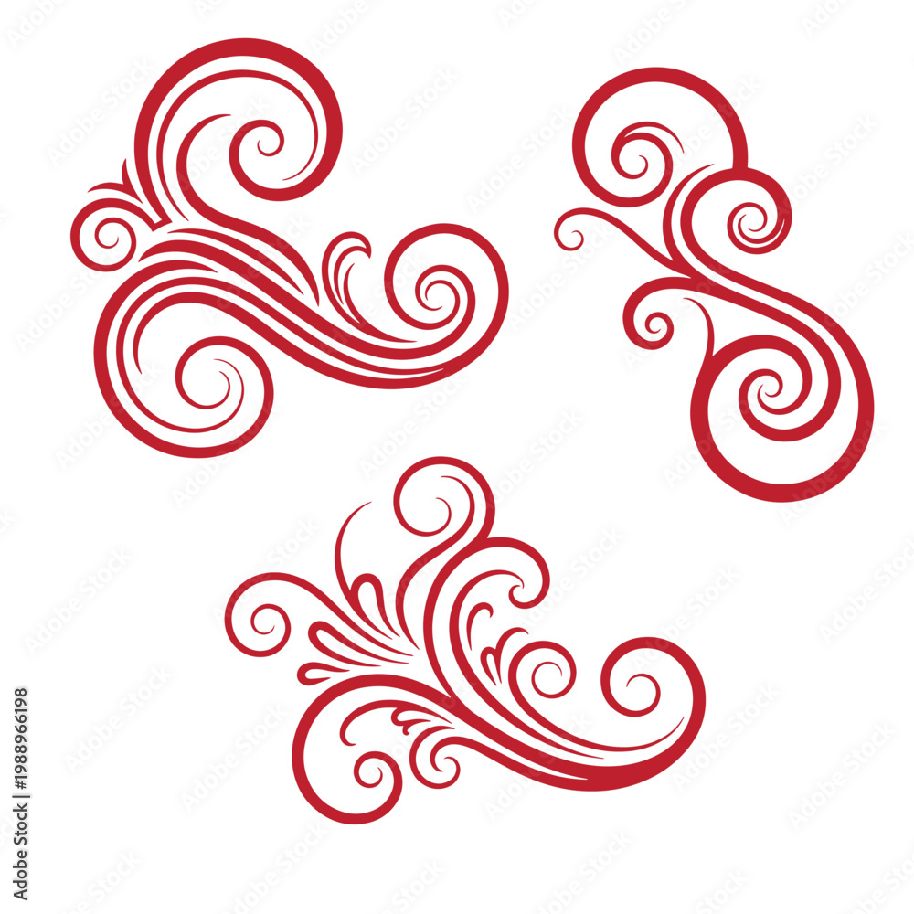 Fototapeta premium Red swirling floral patterns on white background, set of three