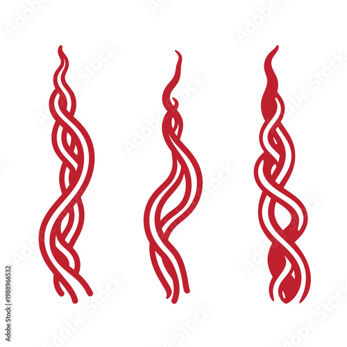 Red twisted flame on white background, three variations abstract